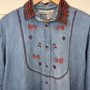 Vintage Denim Shirt with Embroidered Details, scotch plaid
